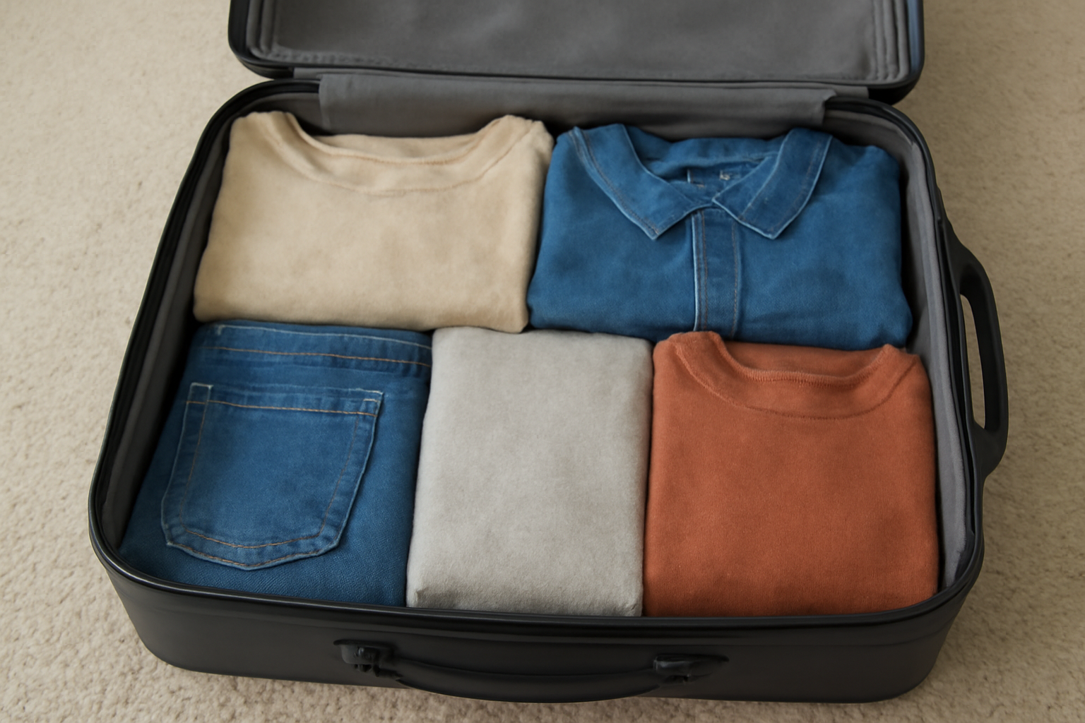 valise ouverte avec vêtements pliés rangés