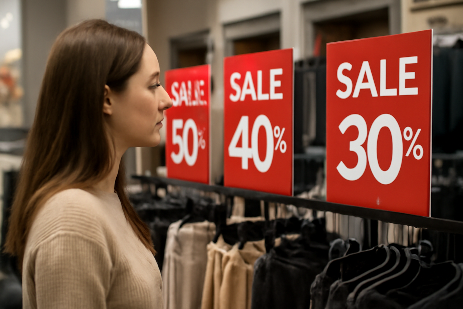 tendancemagasin-moment-acheter-soldes personne regardant étiquettes soldes en magasin