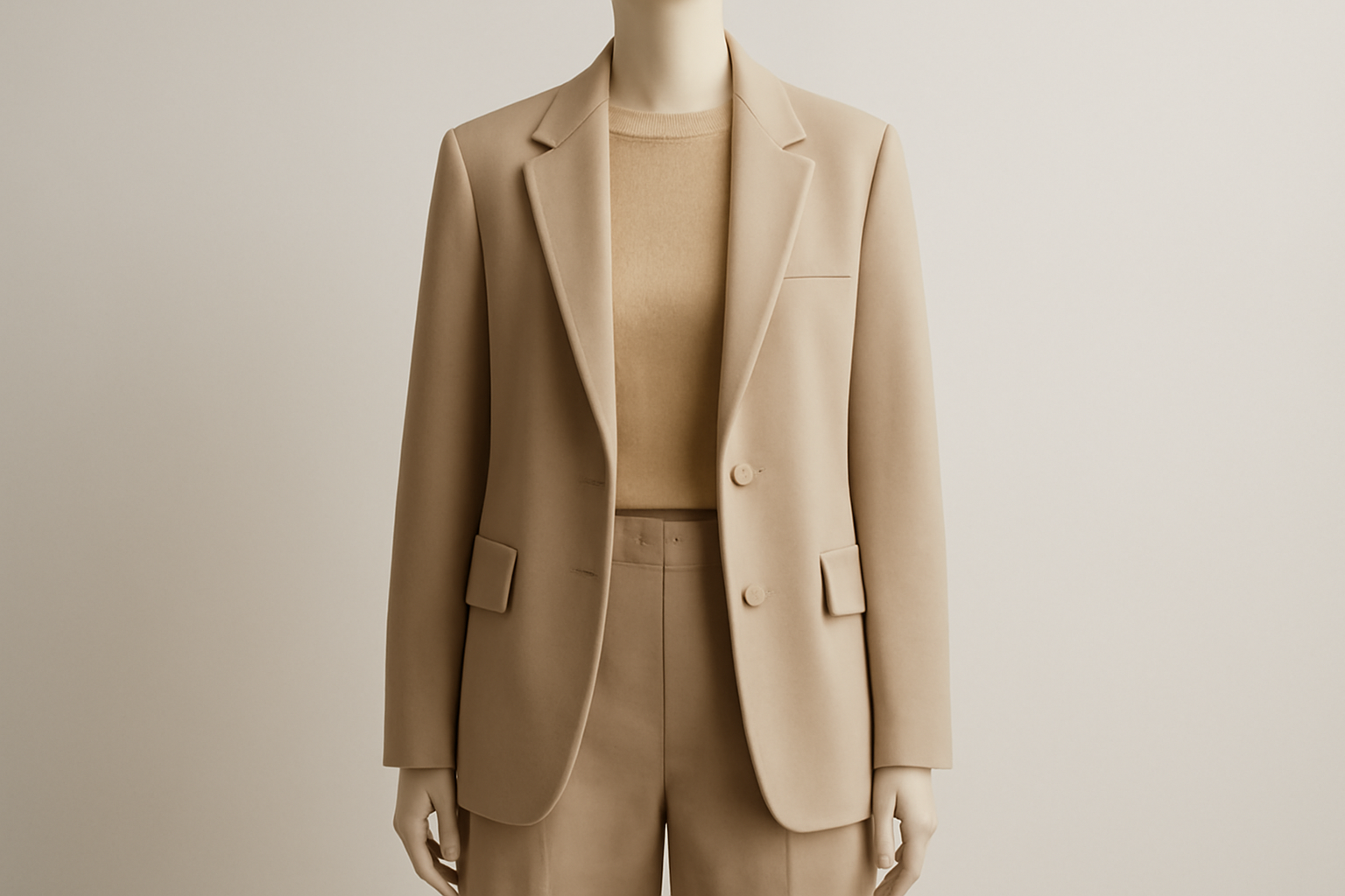 tendancemagasin-nuances-beige-monochrome-chic tenue monochrome beige présentée sur mannequin minimal