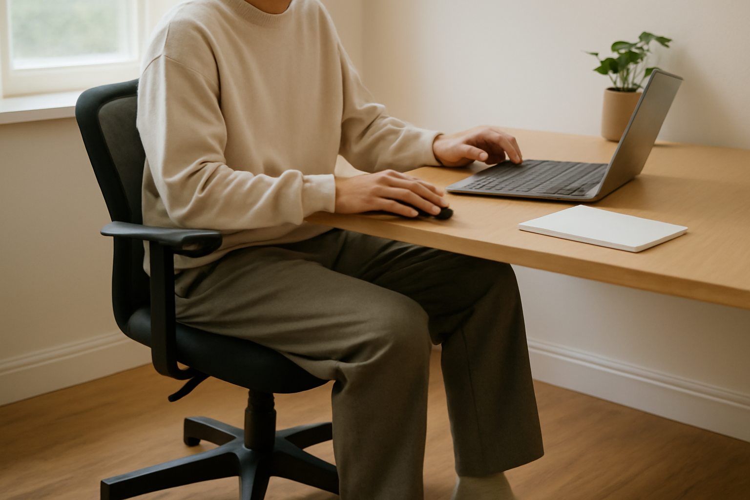 tendancemagasin-pantalon-teletravail-elegant personne assise en pantalon souple au bureau maison