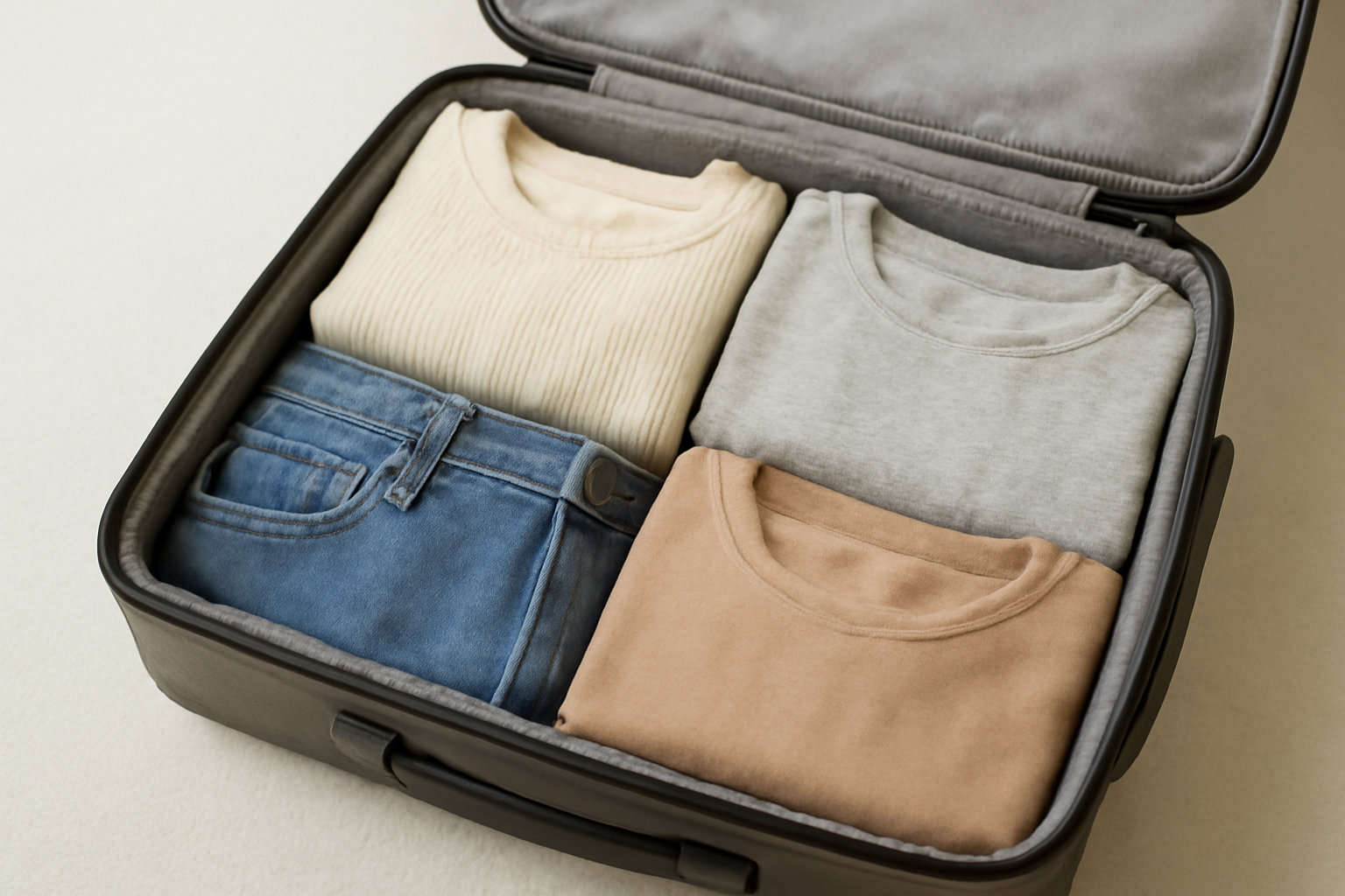 vêtements pliés rangés dans une valise compacte