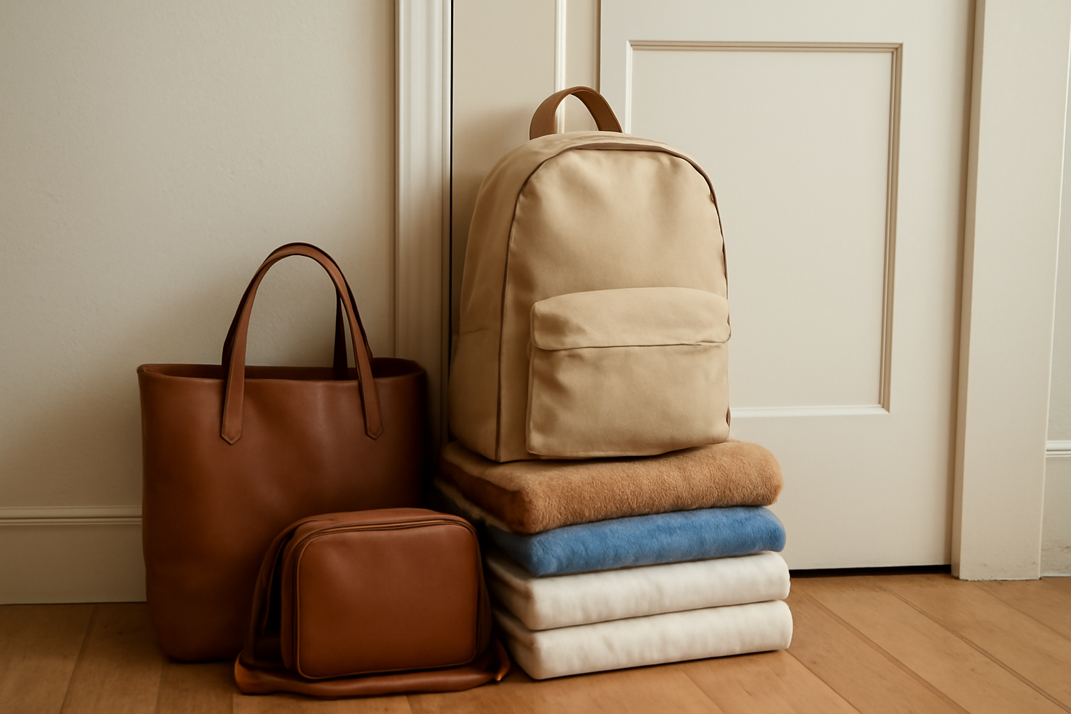 sacs et tenues empilés près d'une porte