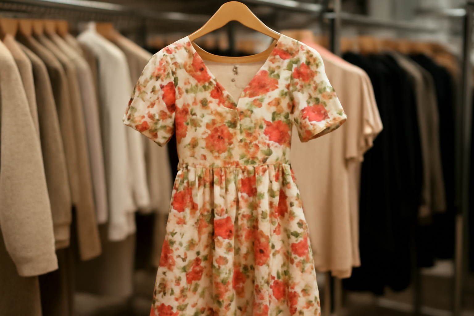 tendancemagasin-pourquoi-imprimes-floraux-reviennent robe a fleurs sur cintre en magasin