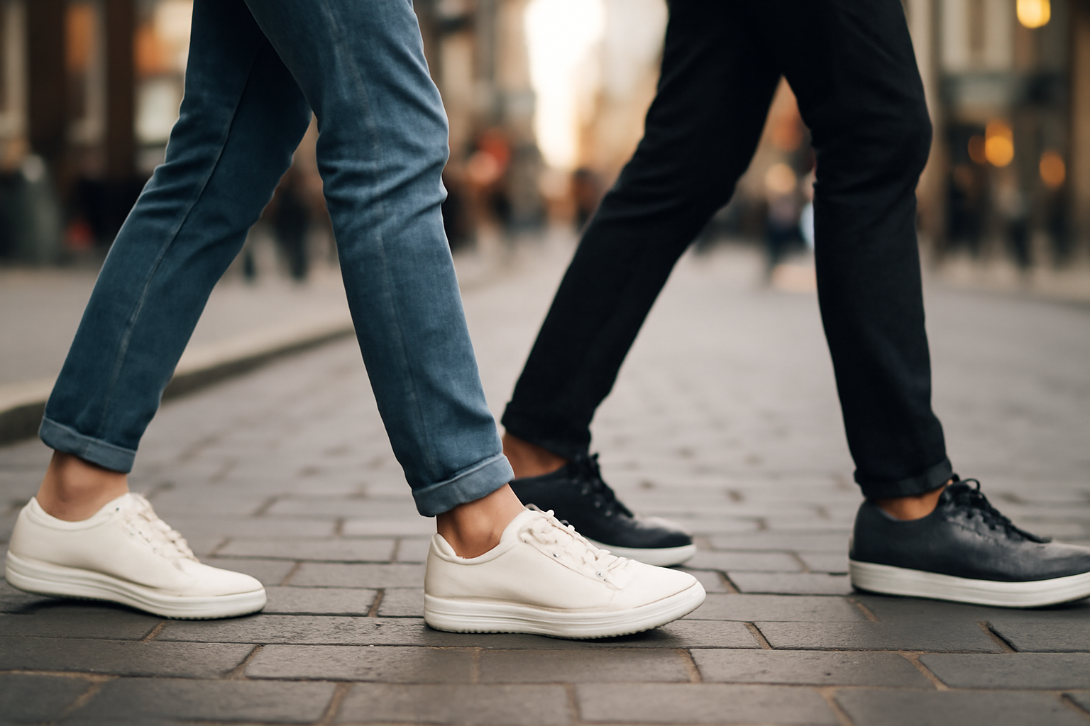 tendancemagasin-puma-fila-quelle-basket-quotidien deux personnes portant baskets en ville animée