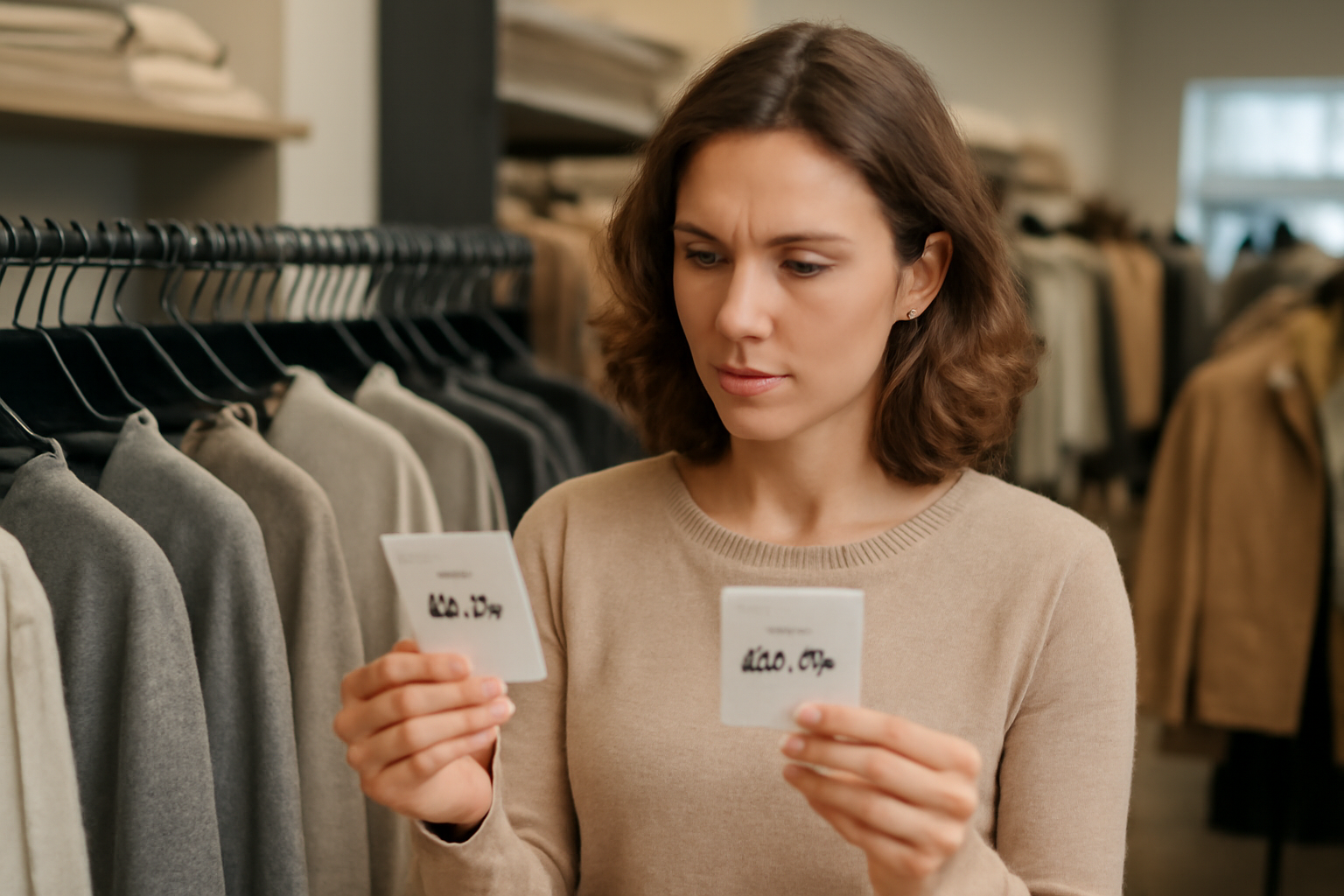 personne comparant etiquettes de prix en boutique