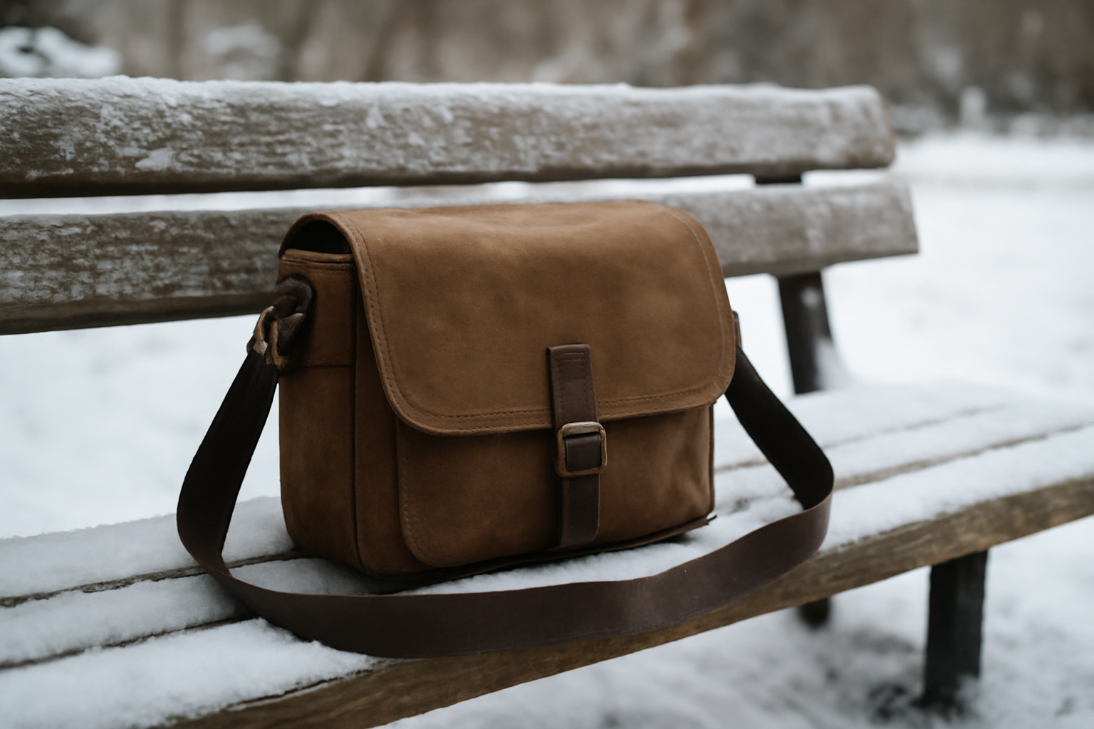 tendancemagasin-sac-bandouliere-polyvalent-hiver sac bandoulière posé sur banc enneigé