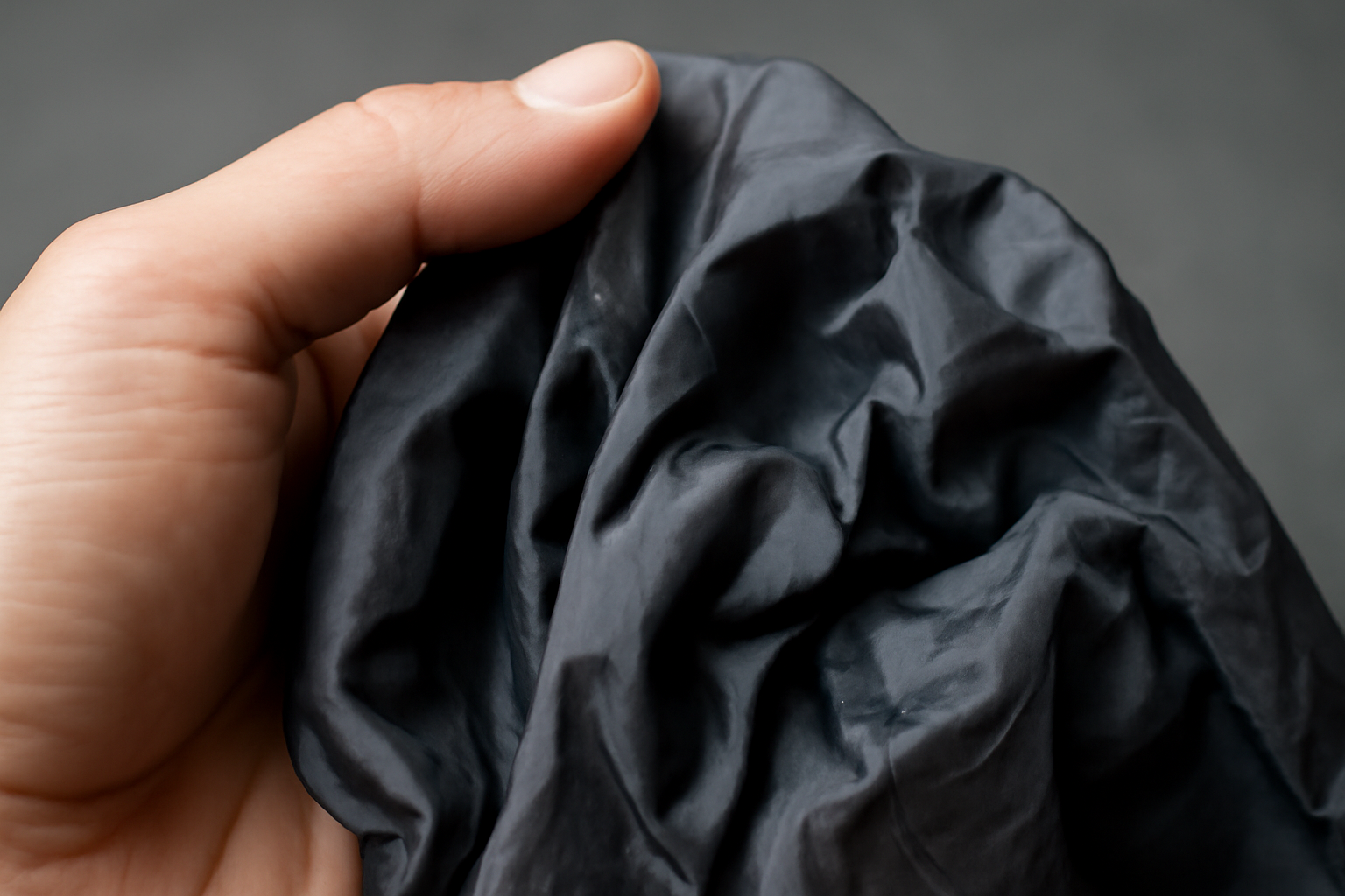 détail de tissu synthétique froissé dans une main