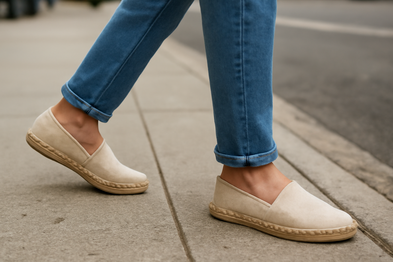 tendancemagasin-toms-marche-urbaine personne marchant en espadrilles sur trottoir