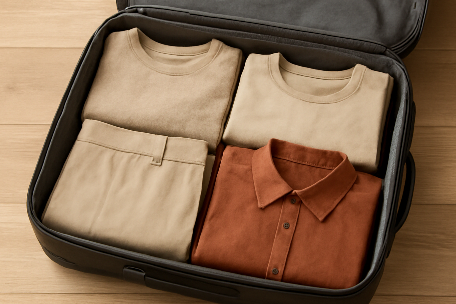 valise ouverte avec tenues coordonnées pliées