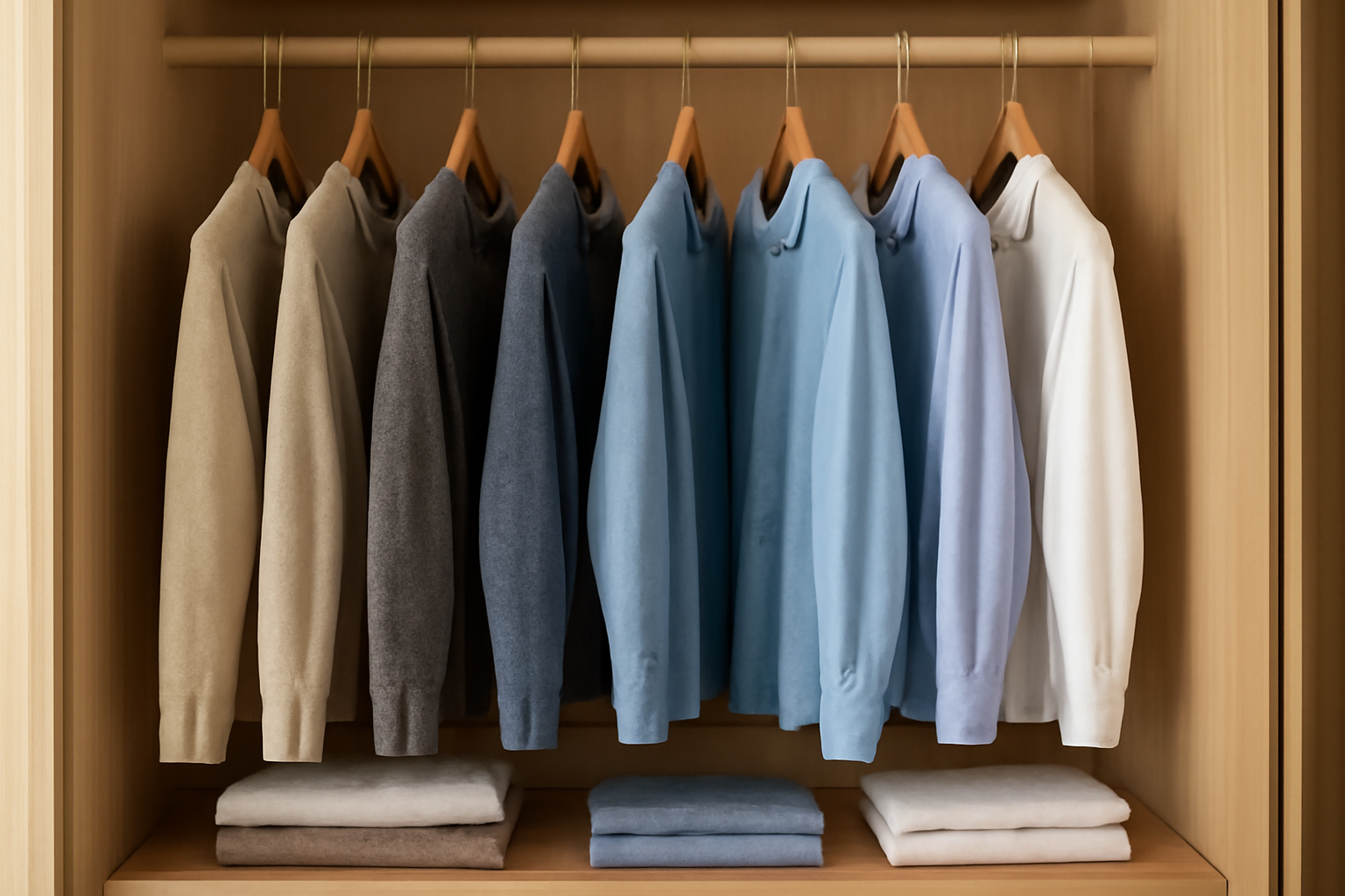 garde-robe ouverte avec pulls et chemises ordonnees