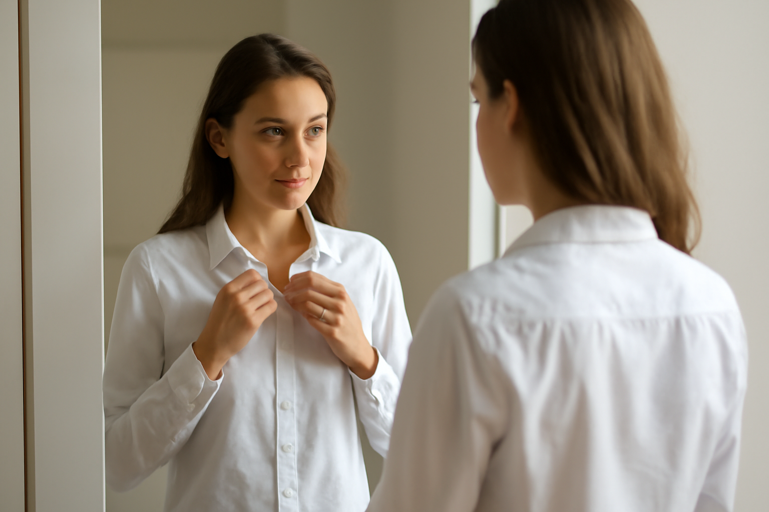 tendancemagasin-blouse-ou-chemise-bureau femme essayant une chemise devant un miroir
