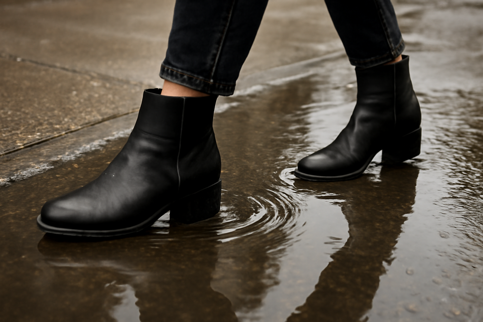 tendancemagasin-bottes-traverser-flaques-ville bottines marchant dans une flaque sur trottoir