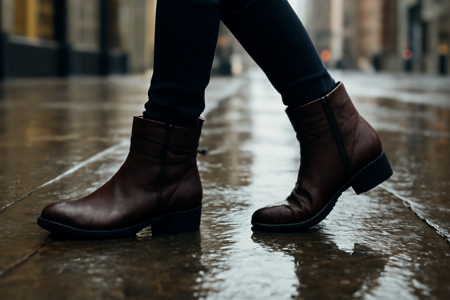 tendancemagasin-bottines-pour-pluie-style bottines marchant sur trottoir mouillé urbain