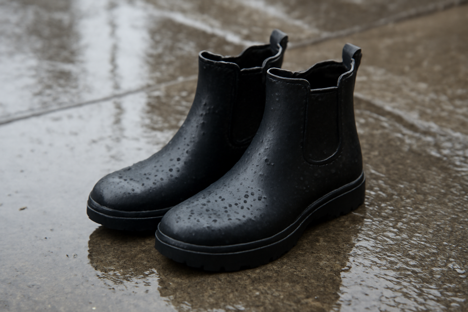 tendancemagasin-chaussures-elegantes-pluie paire de bottines impermeables sur trottoir mouille