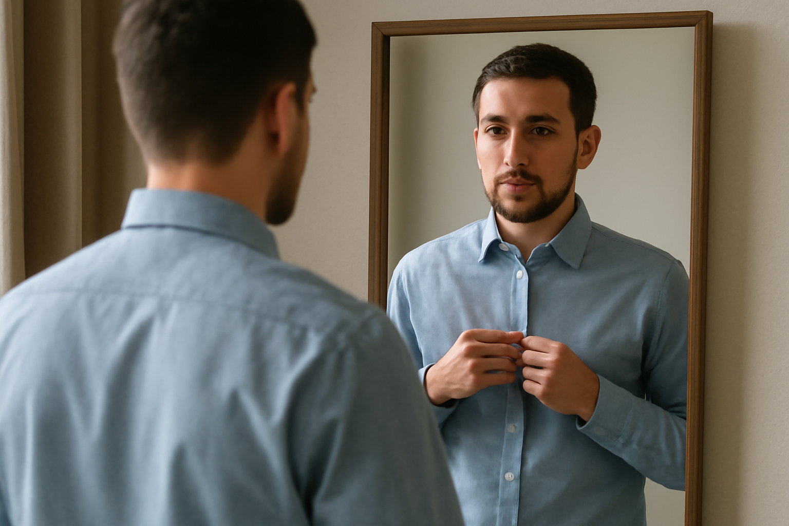 tendancemagasin-choisir-coupe-chemise personne essayant une chemise devant un miroir