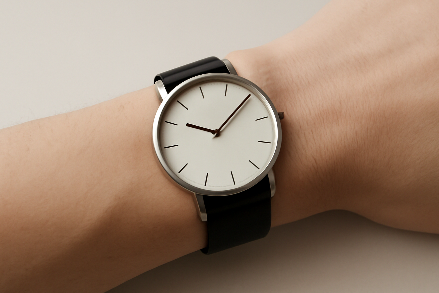 tendancemagasin-choisir-montre-minimal poignet portant une montre minimaliste sur fond neutre