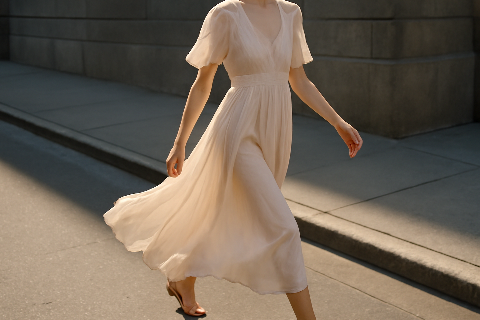 robe légère portée en mouvement sur trottoir
