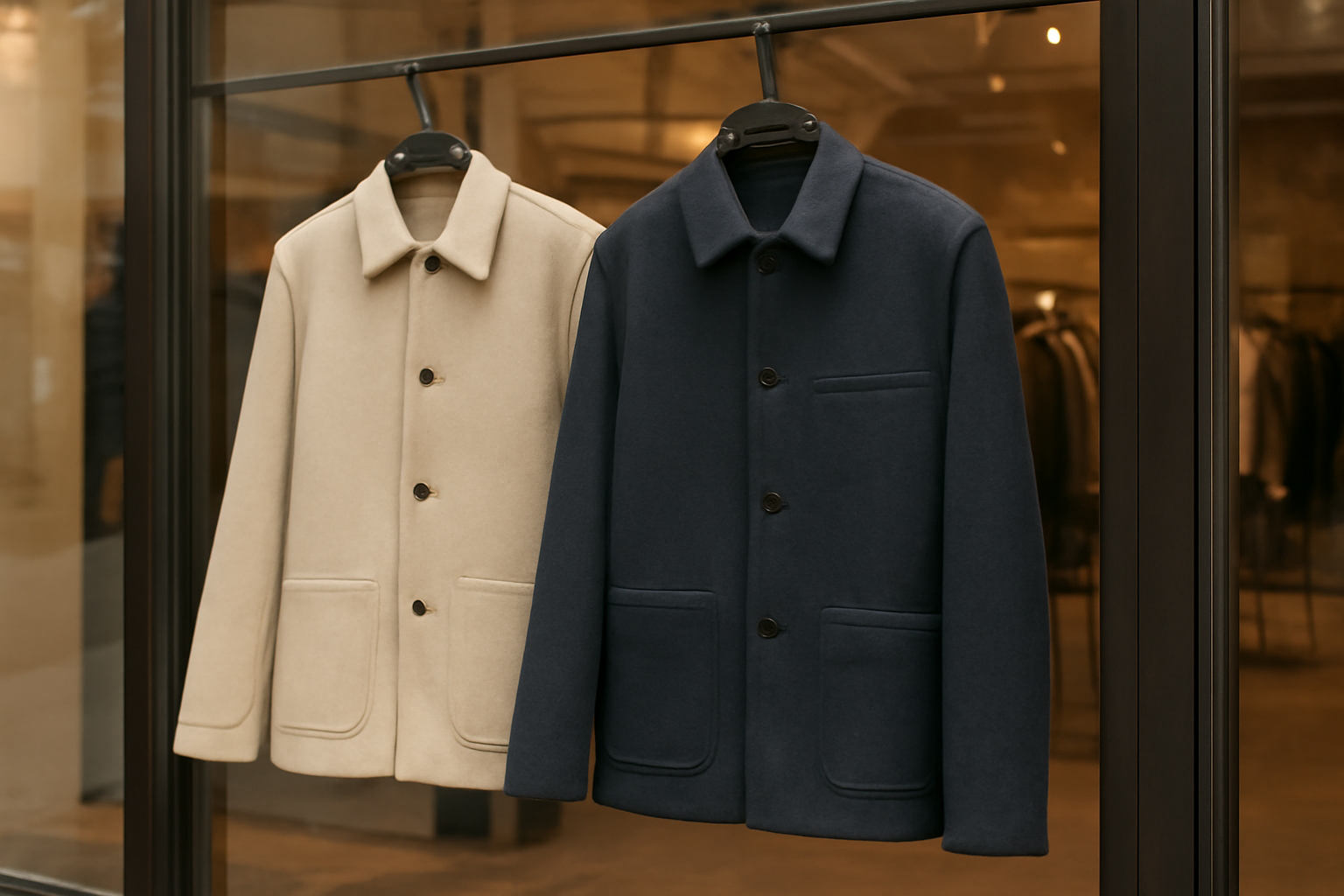 tendancemagasin-club-vs-urban-veste-mi-saison deux vestes suspendues devant vitrine de magasin