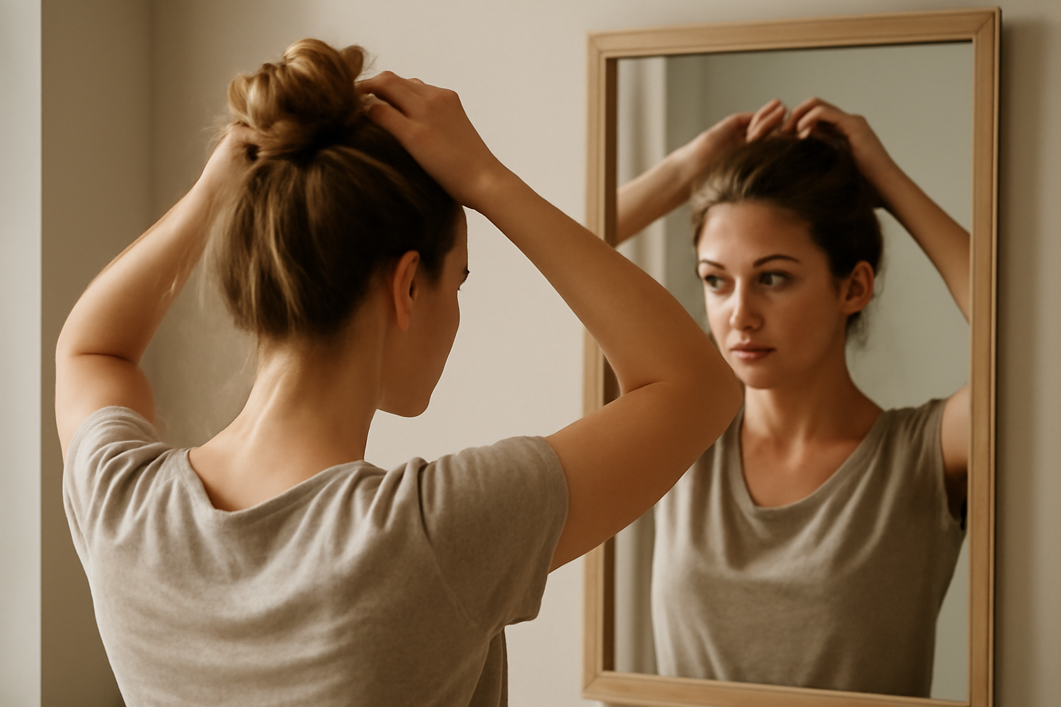 tendancemagasin-coiffures-rapides-look-soigne-matin femme réalisant une coiffure rapide devant miroir