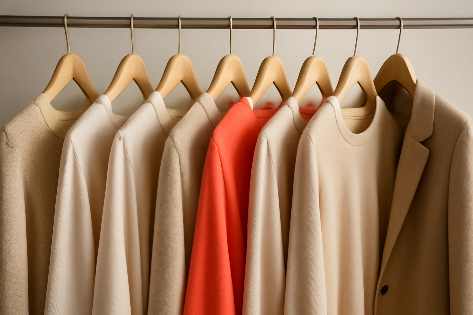 tendancemagasin-couleurs-pour-dressing-neutre palette de vêtements aux tons neutres avec une pièce colorée