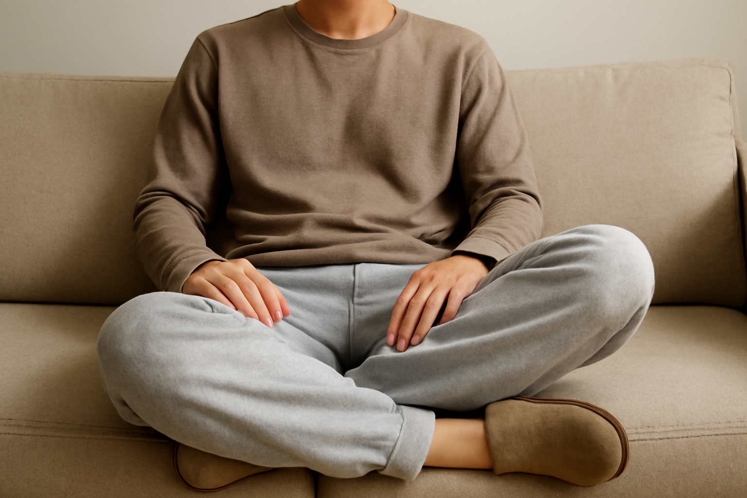 personne assise confortablement en pantalon décontracté
