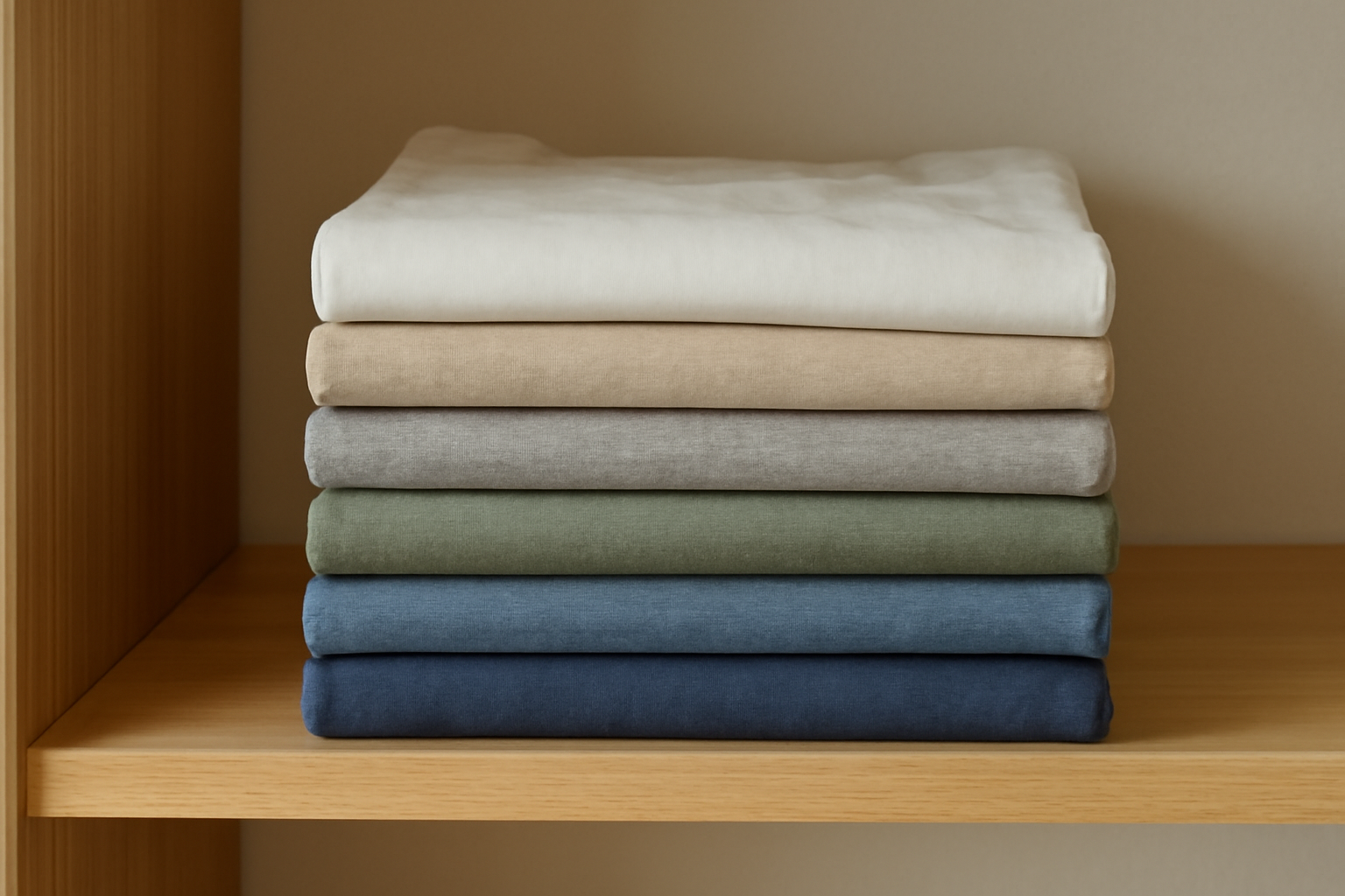 tendancemagasin-criteres-basique-en-ligne pile de t-shirts pliés sur une étagère