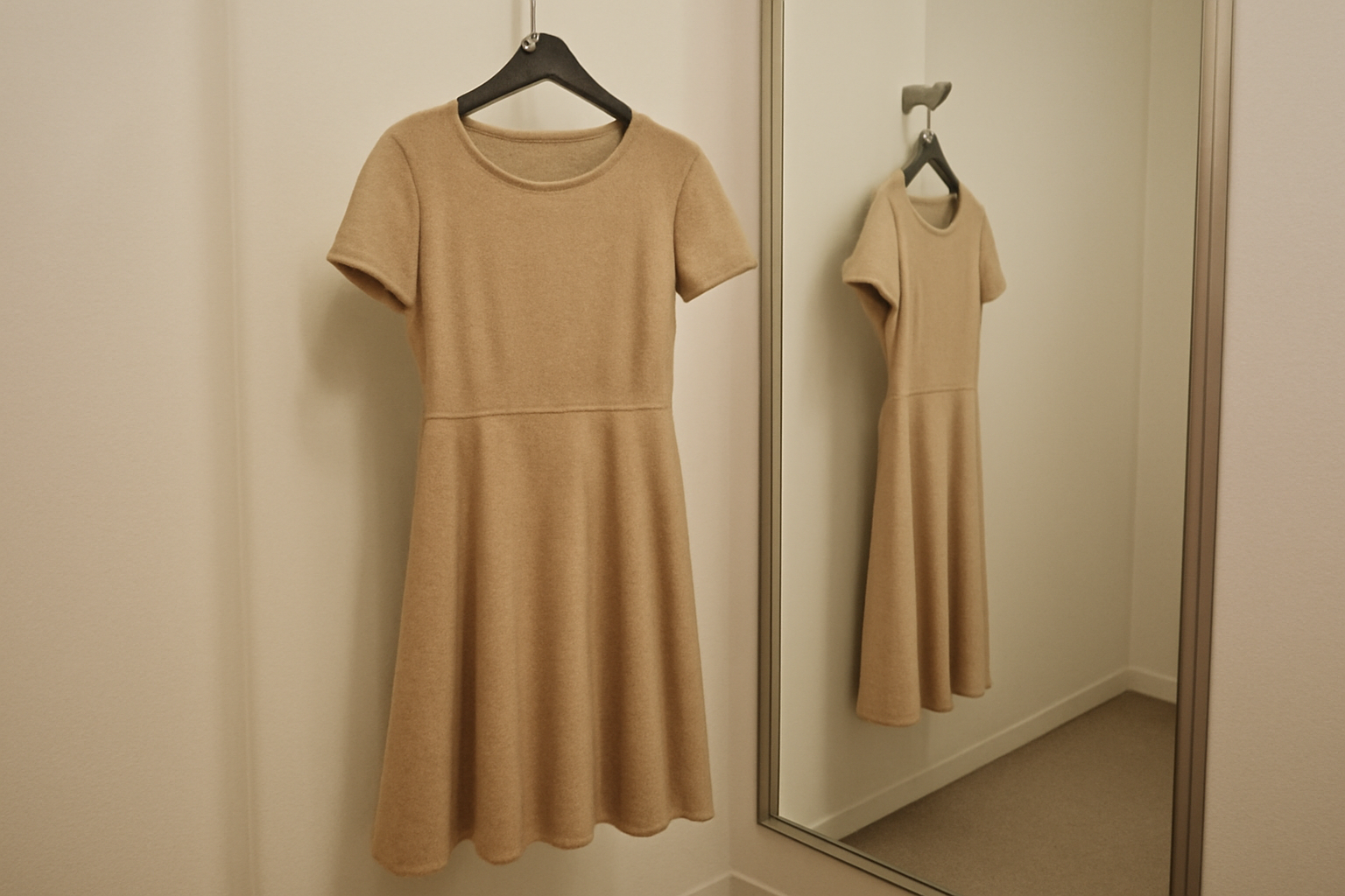 robe suspendue devant un miroir d'essayage