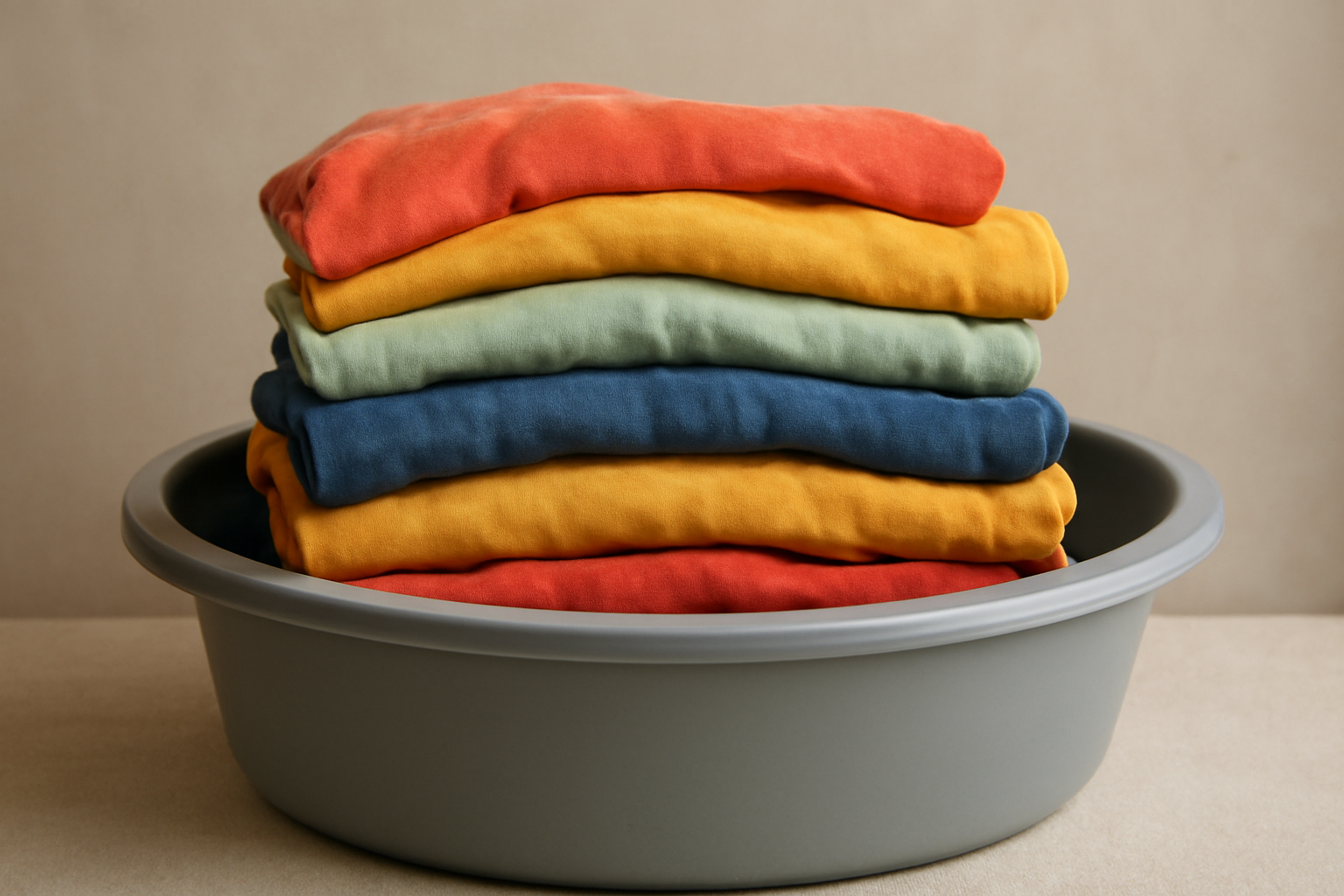 tendancemagasin-eviter-perte-couleur-lavage pile de vêtements colorés dans une bassine