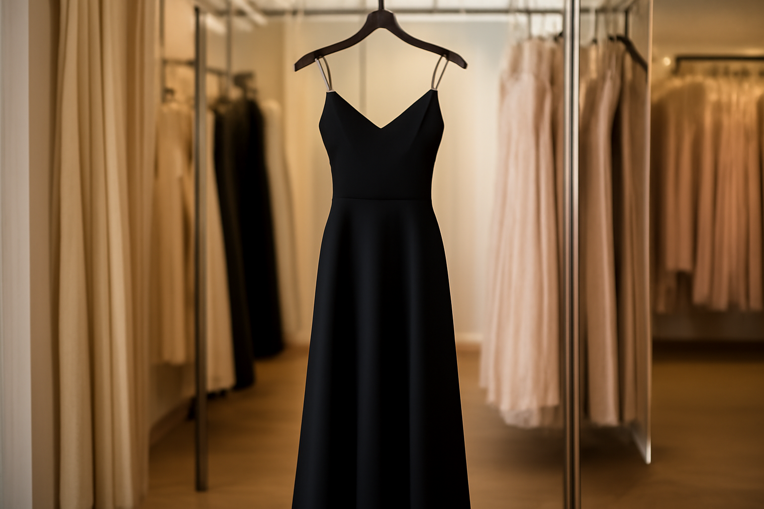 tendancemagasin-express-pieces-habillees robe de soiree simple suspendue dans une boutique