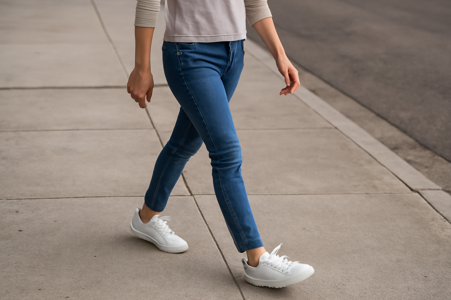 tendancemagasin-fila-champion-baskets-ville femme marchant en baskets sur trottoir