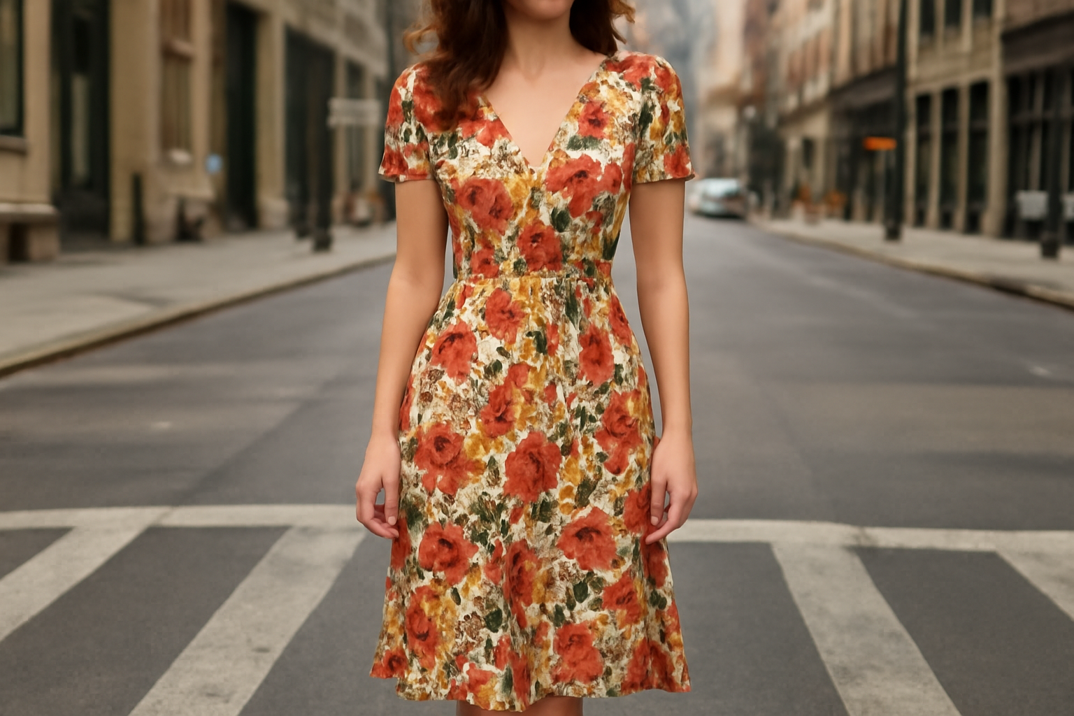 tendancemagasin-imprime-robe-jour-decontractee robe à imprimé portée sur un city-street