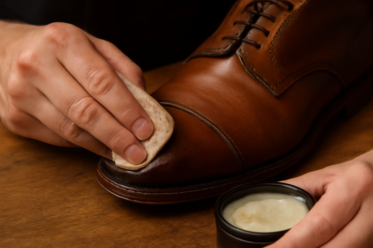 tendancemagasin-investissements-entretien-chaussures mains appliquant de la cire sur une chaussure en cuir