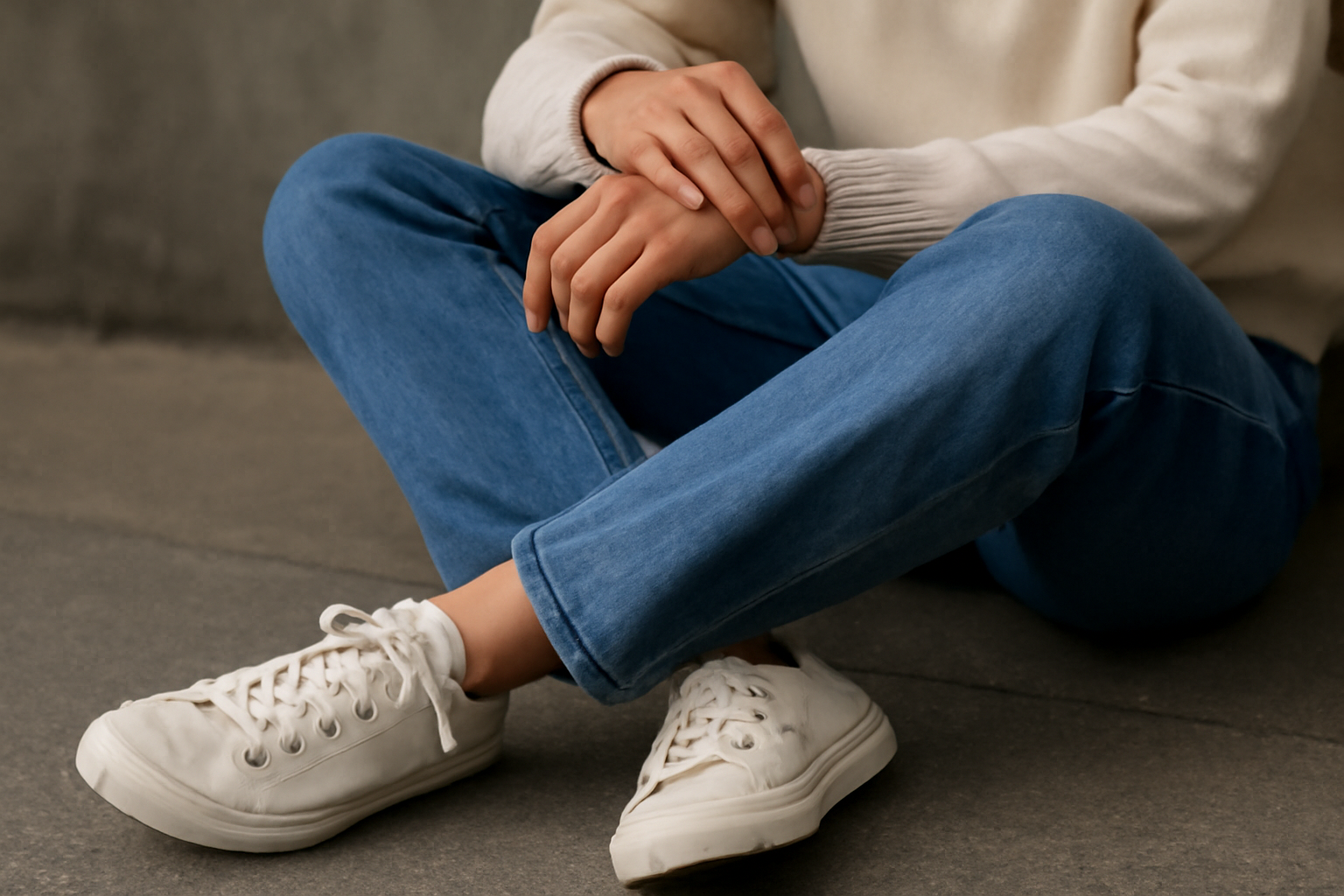personne assise en jean et baskets