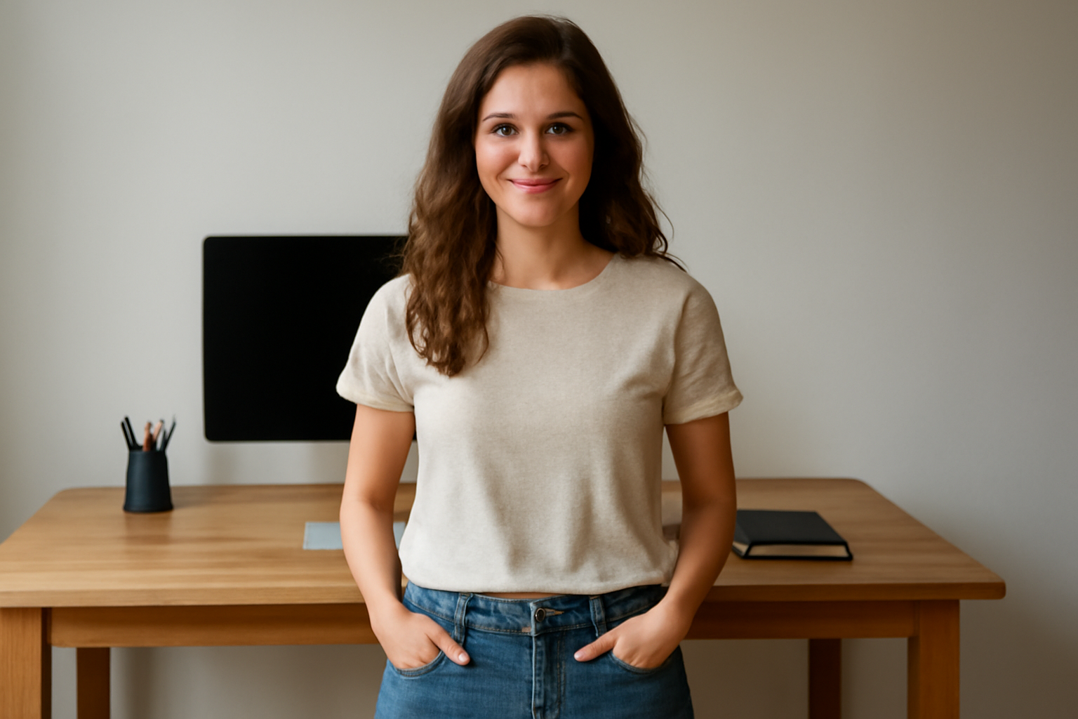 tendancemagasin-look-teletravail-motivant femme en tenue décontractée devant un bureau