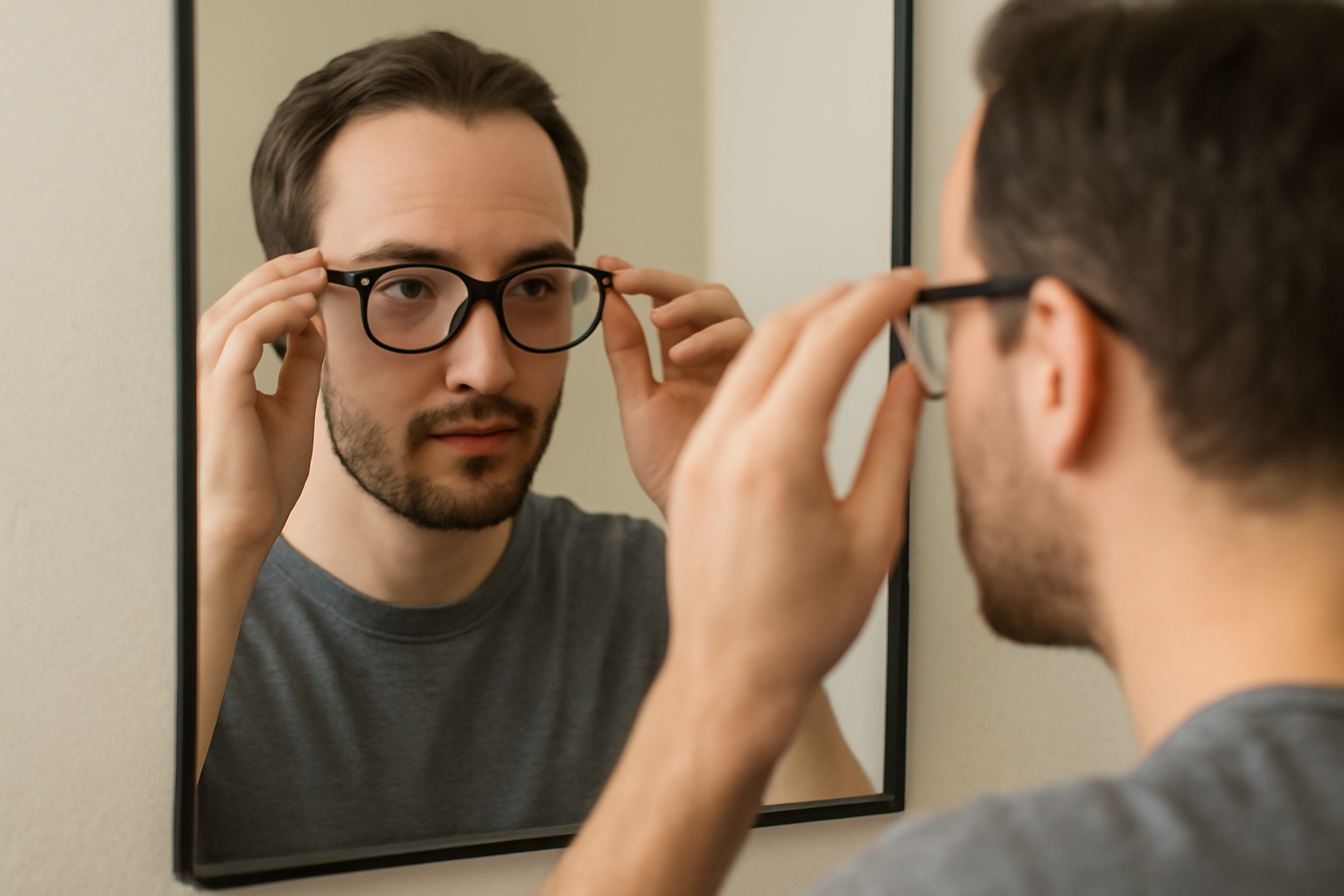 personne essayant des lunettes devant un miroir