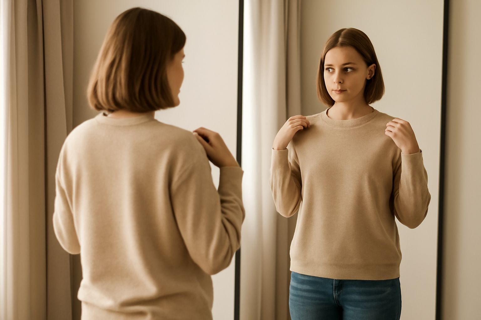 tendancemagasin-methodes-essayer-vetement-maison personne essayant un vêtement devant un grand miroir