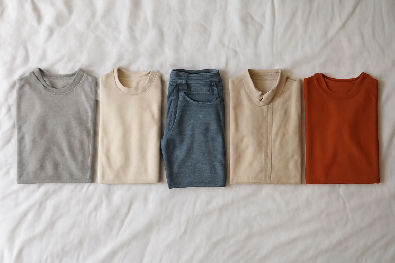 vêtements disposés sur le lit en rangée