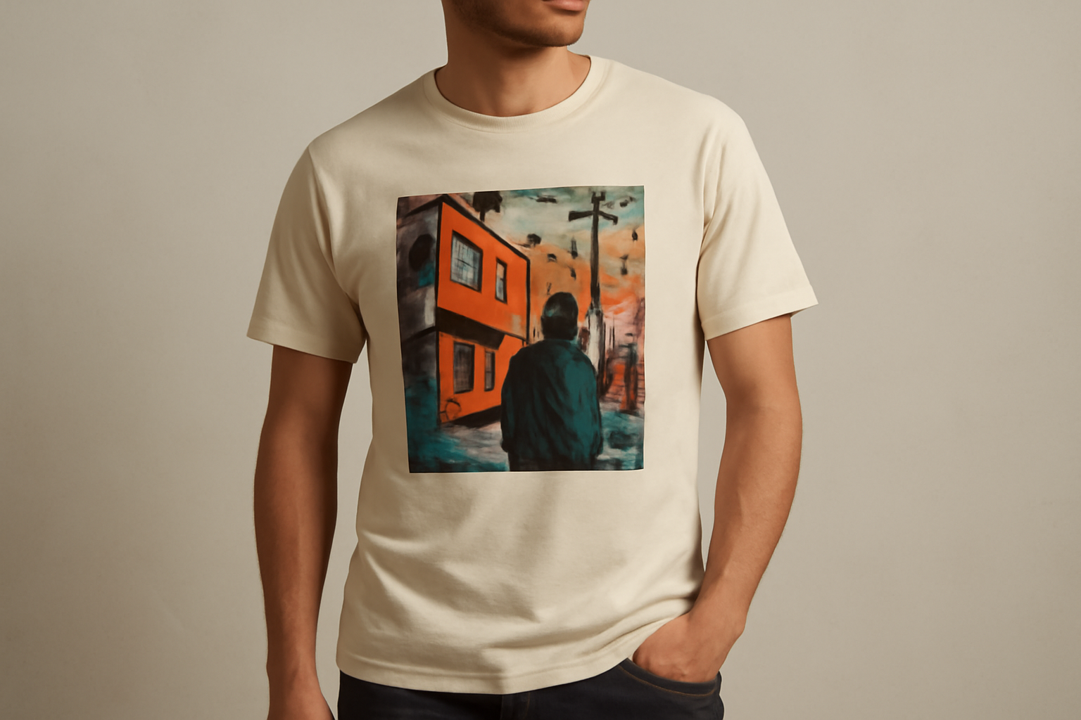 t-shirt imprime style street pose sur fond neutre