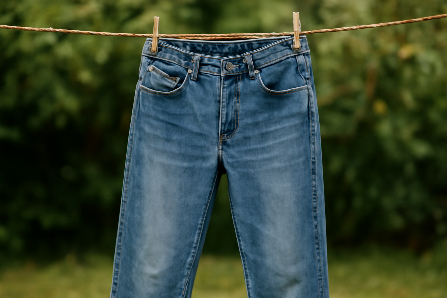 tendancemagasin-pantalon-perd-couleur-lavages jean posé sur une corde à linge extérieure