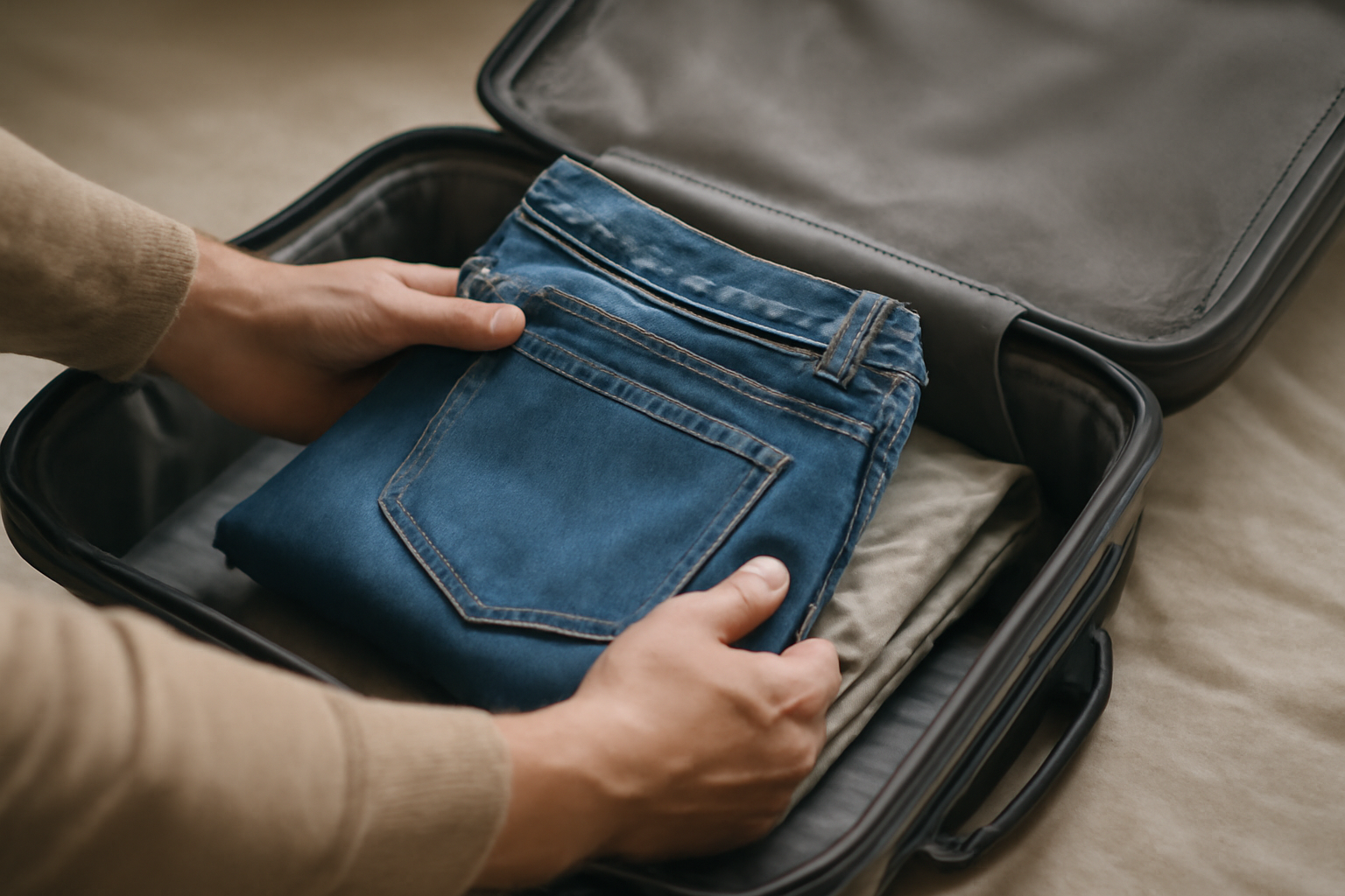 personne pliante un pantalon dans une valise