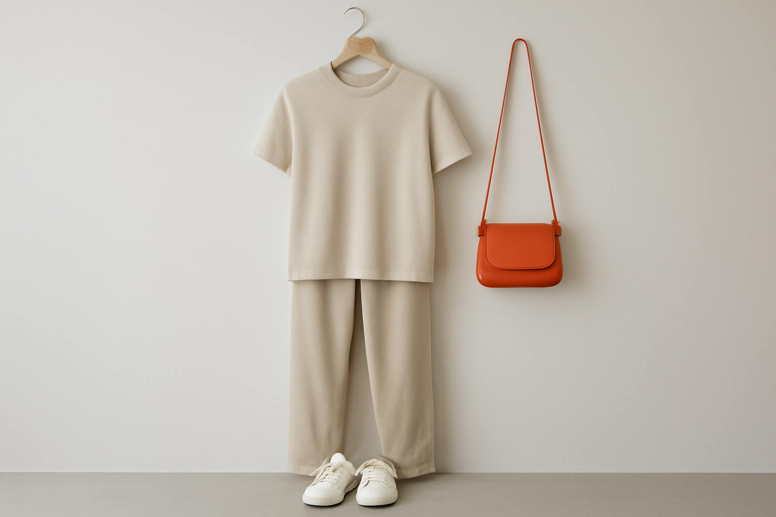 tendancemagasin-pieces-basiques-relief-look ensemble minimal avec un accessoire coloré posé