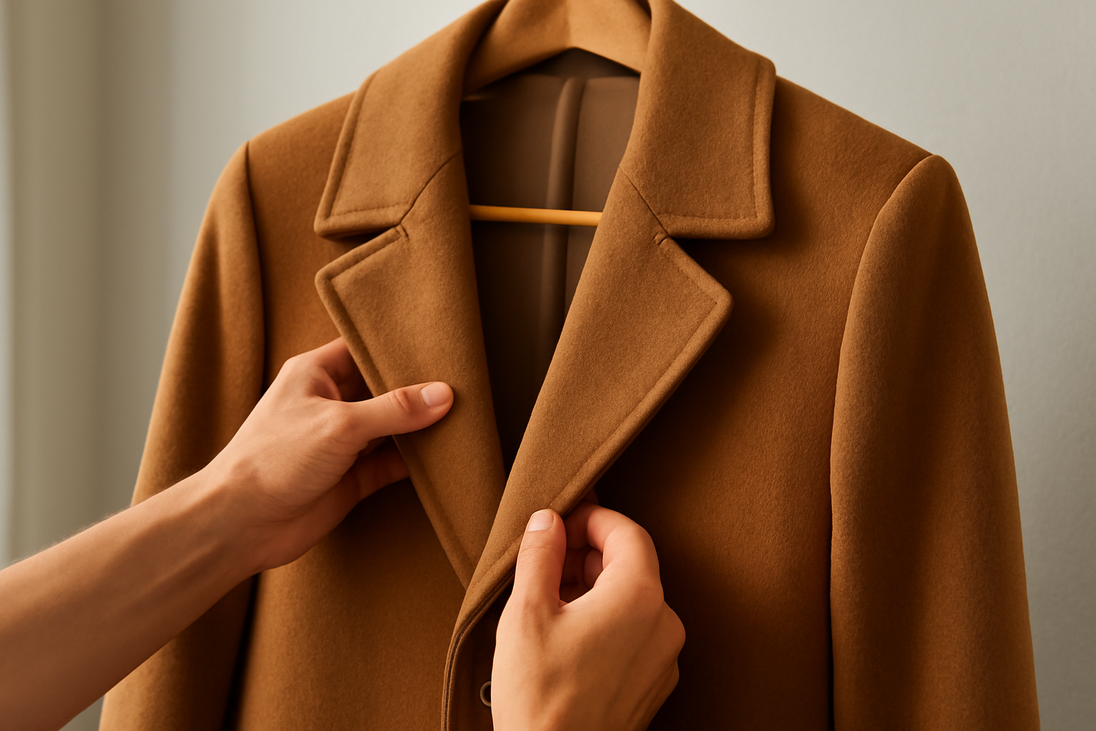 tendancemagasin-questions-acheter-manteau-occasion mains examinant un manteau suspendu