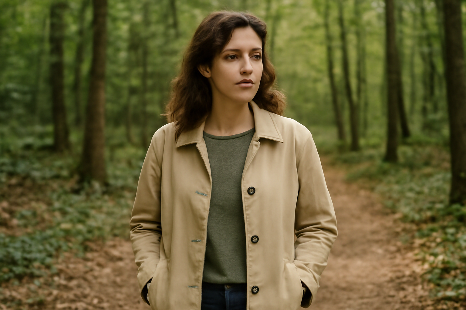 personne portant un manteau léger en forêt