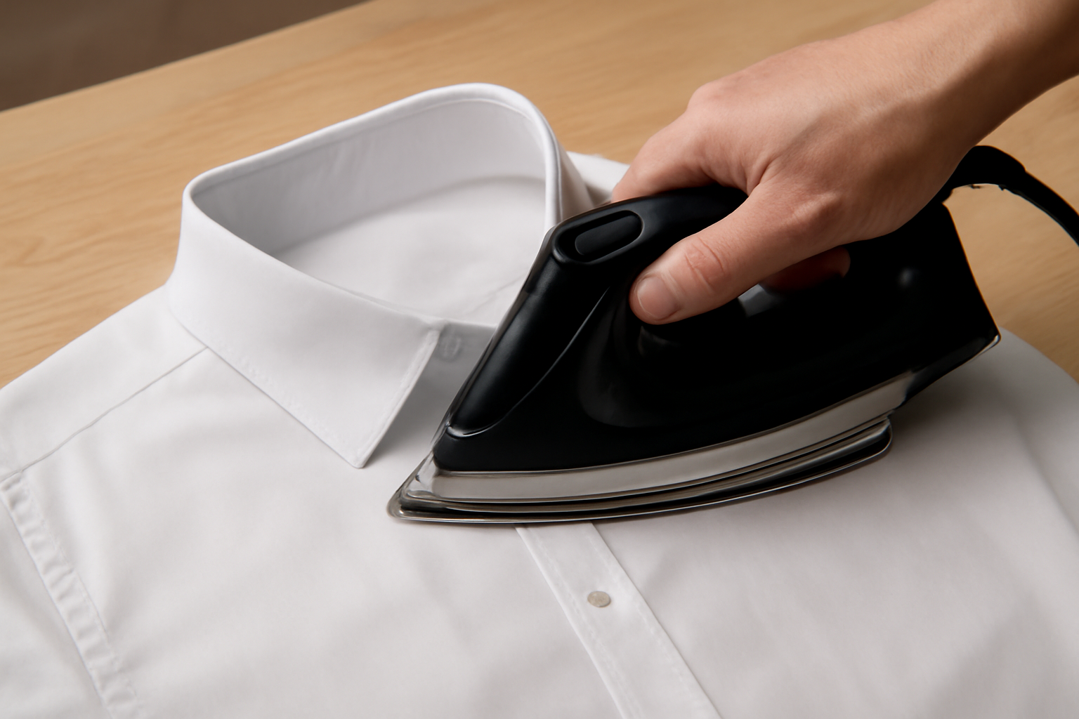 main repassant un col de chemise sur planche