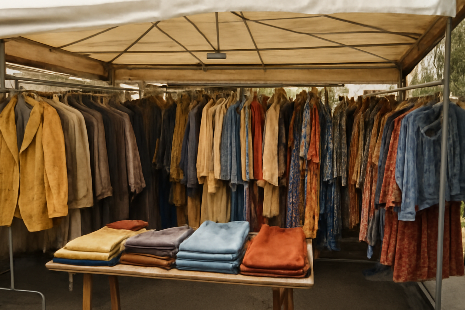 stand de vêtements vintage alignés sous un barnum