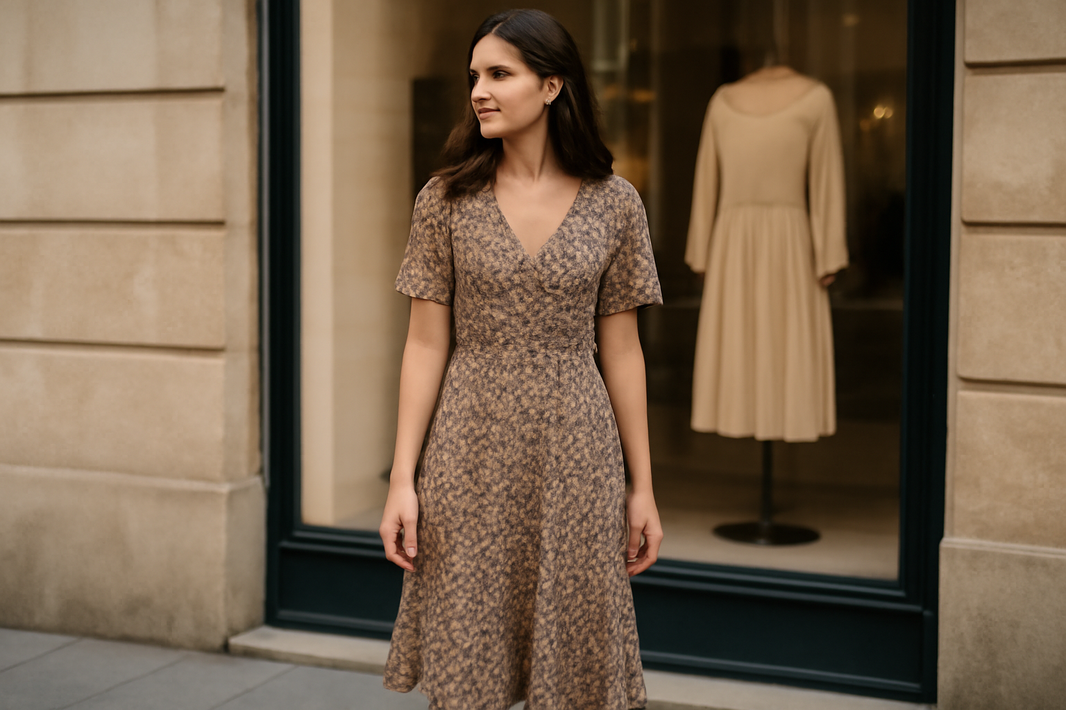 tendancemagasin-robe-midi-automne femme portant une robe midi près d'une vitrine