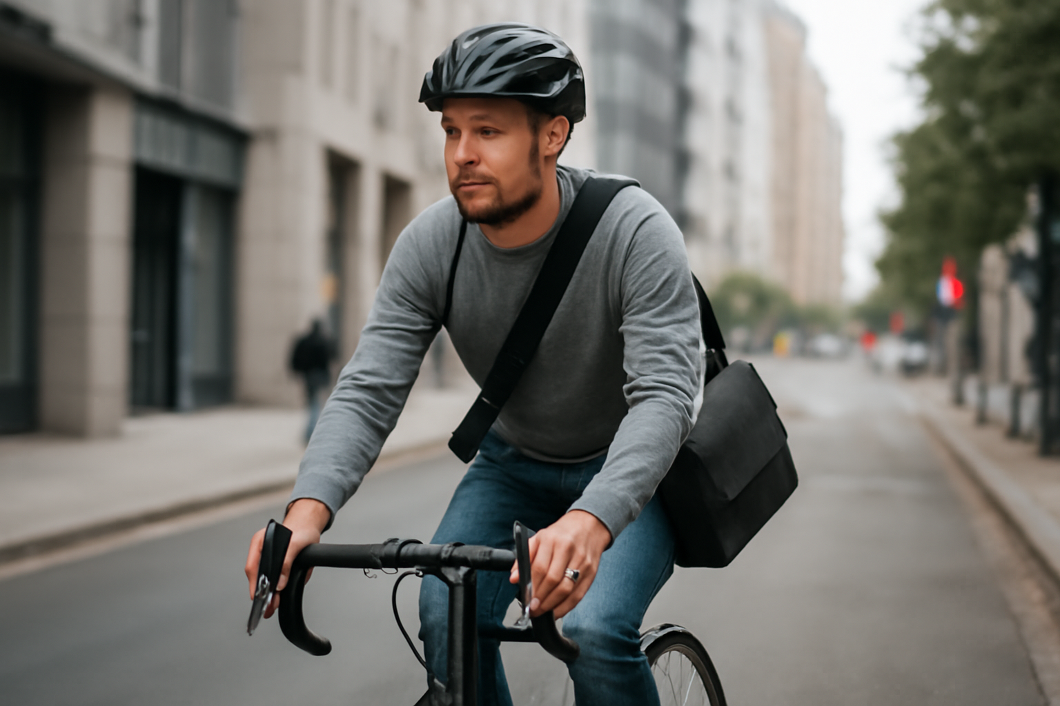 tendancemagasin-sac-bandouliere-trajets-velo cycliste portant un sac bandoulière en ville
