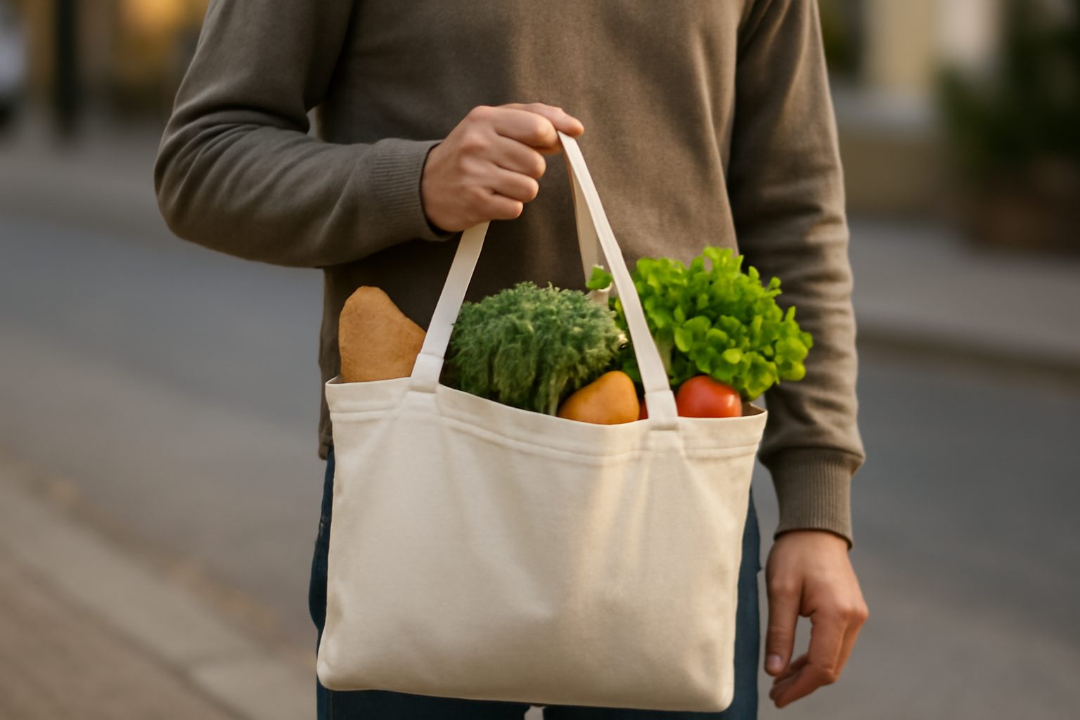 tendancemagasin-sac-courses-ville-pratique personne portant un cabas rempli de courses