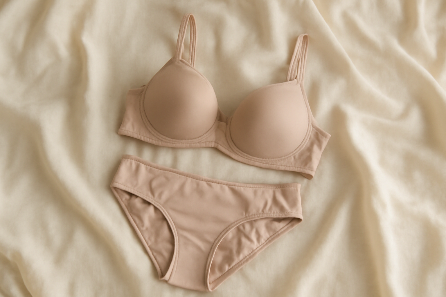 ensemble de lingerie neutre posé sur tissu léger