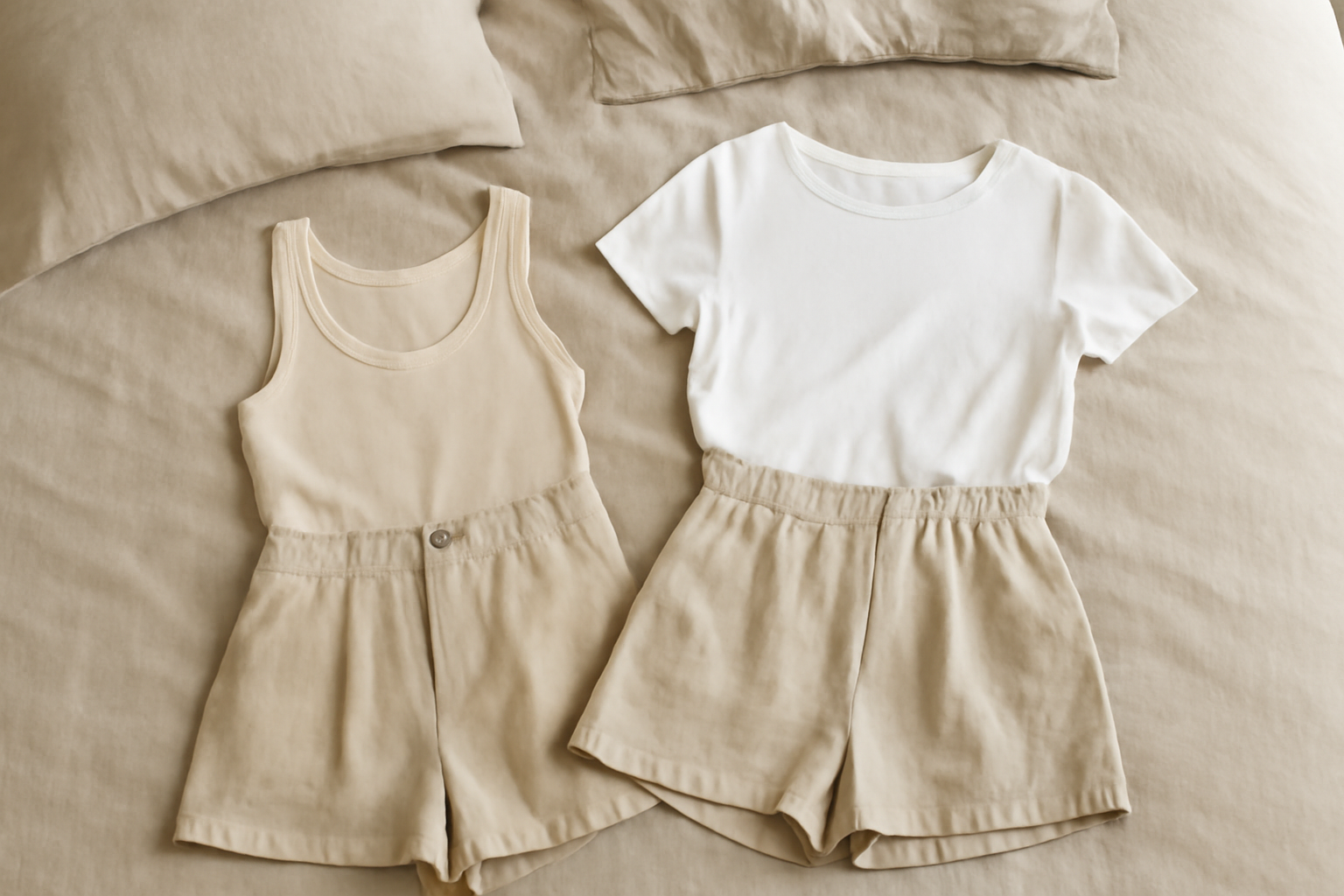 tenues légères posées sur lit neutre